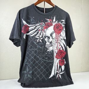 Y2K Skull Roses Angel Wings Nautical Star Graphic T Shirt Faded Sz XL